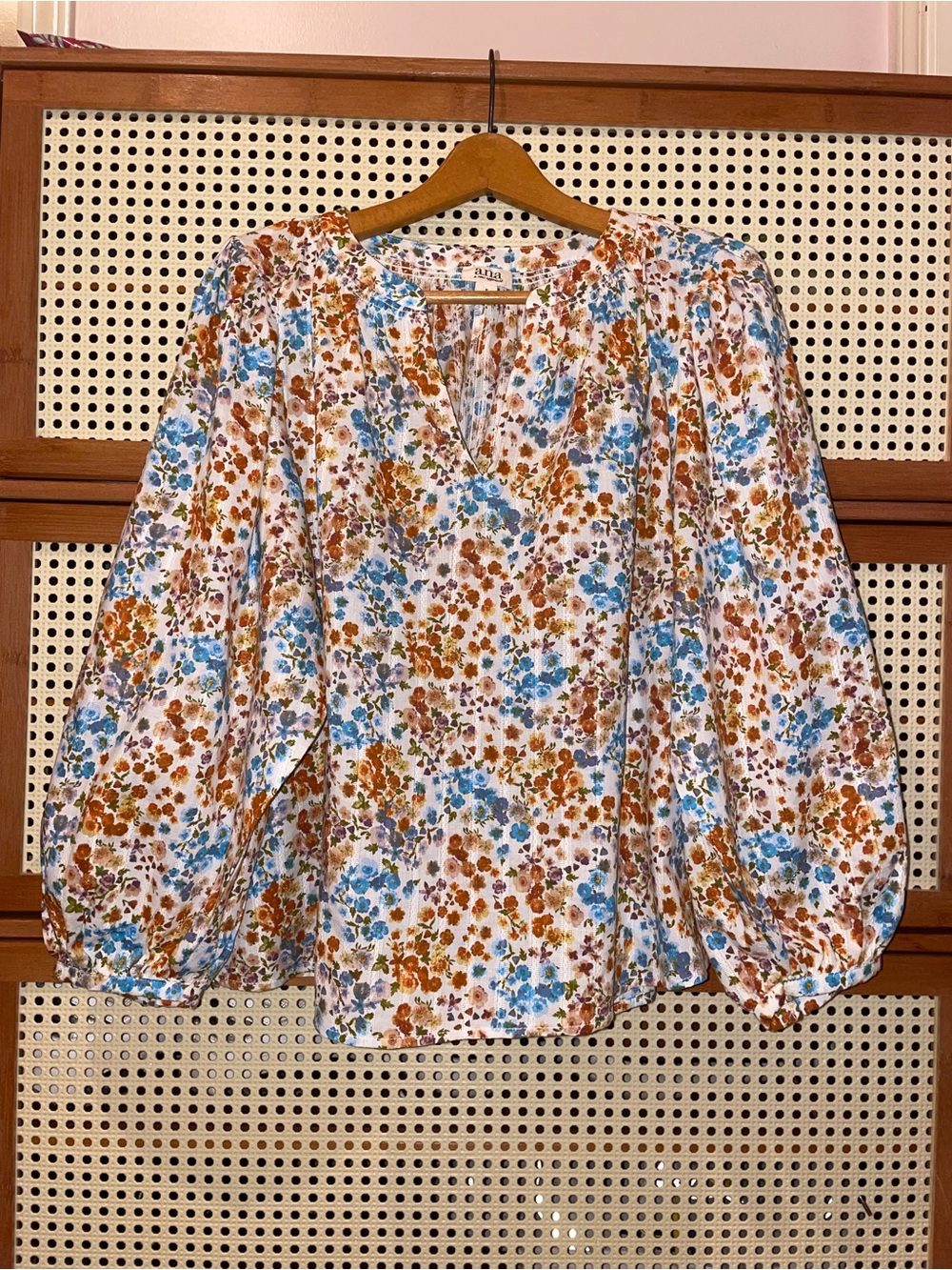 ANA Women's Floral Cotton Peasant Blouse with Puff Sleeves Sz Small Like New